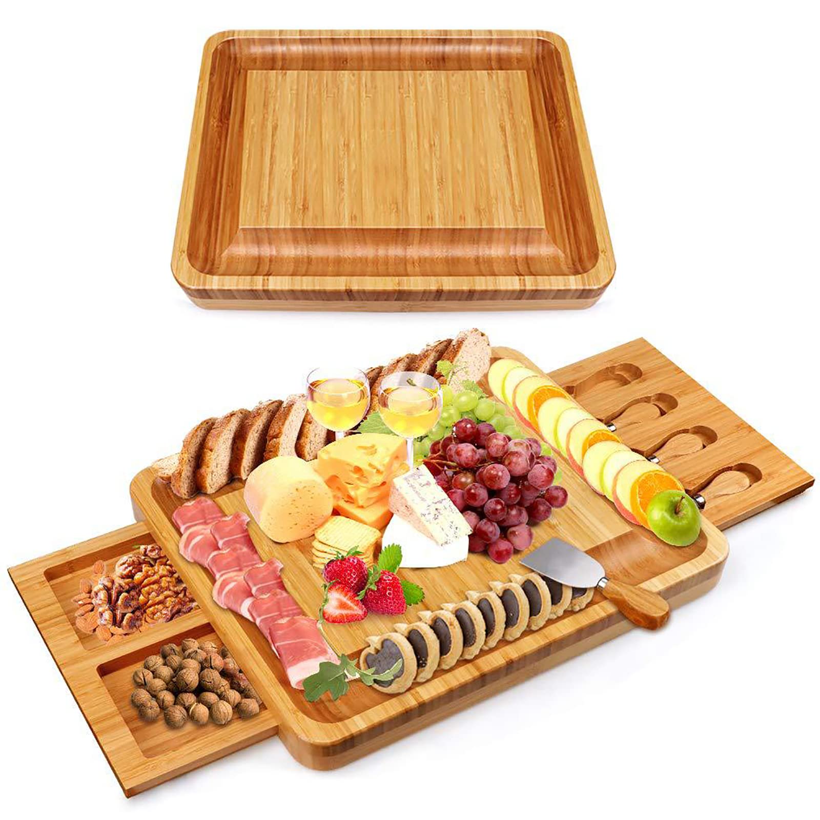 Doppeltes Käsebrett Aus Bambus, Käseplatte, Wurstplatte, Serviertablett Mit Besteck In Doppelt Ausziehbarer Schublade, Geschenk Für Valentinstag, Hochzeit, Einweihungsparty