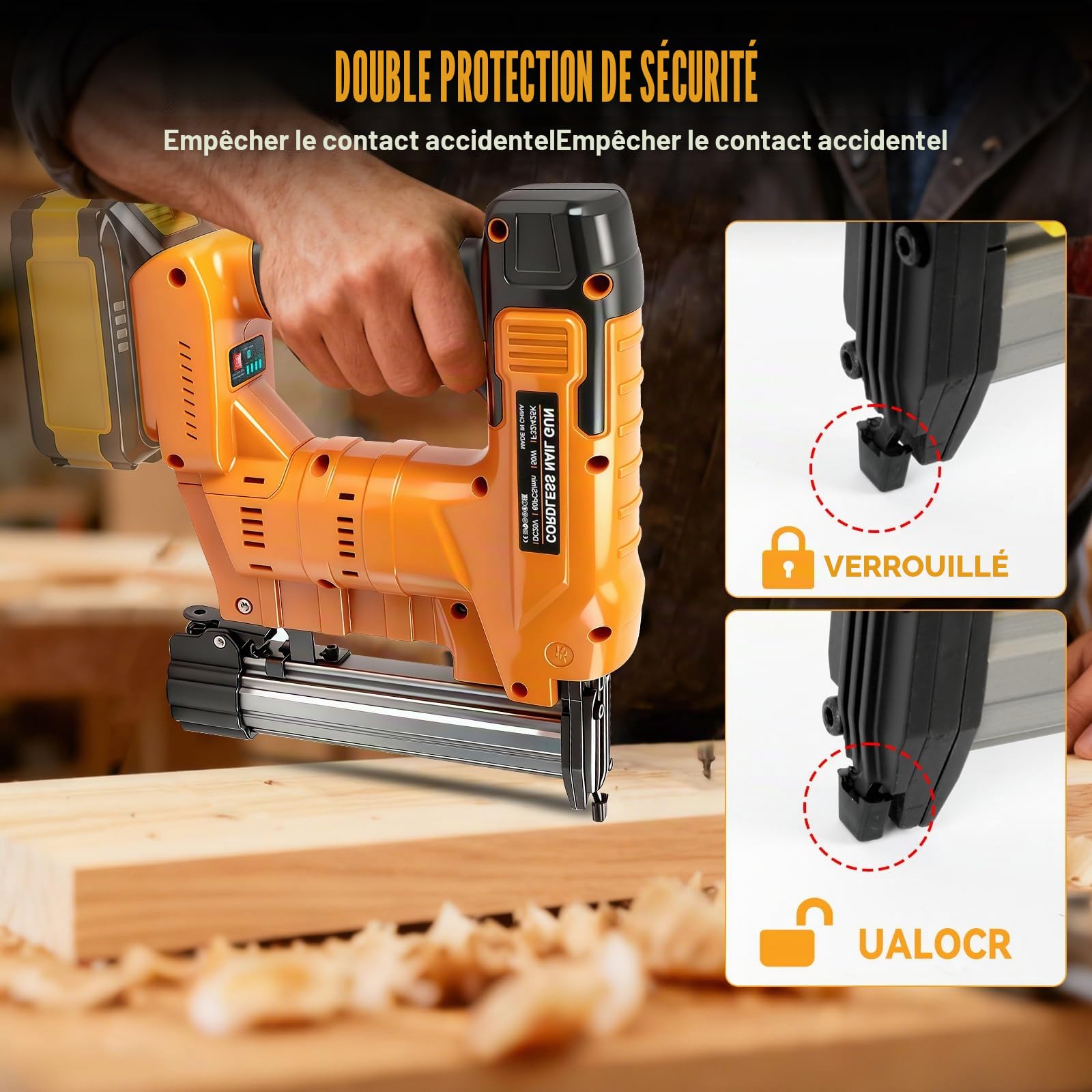 Cloueuse sans fil 18GA Compatible avec Dewalt batterie 18 V (sans batterie), 2 en 1 pistolet agrafeur cloueuse avec 1 000 clous et 1 000 agrafes pour le travail du bois, projet de bricolage