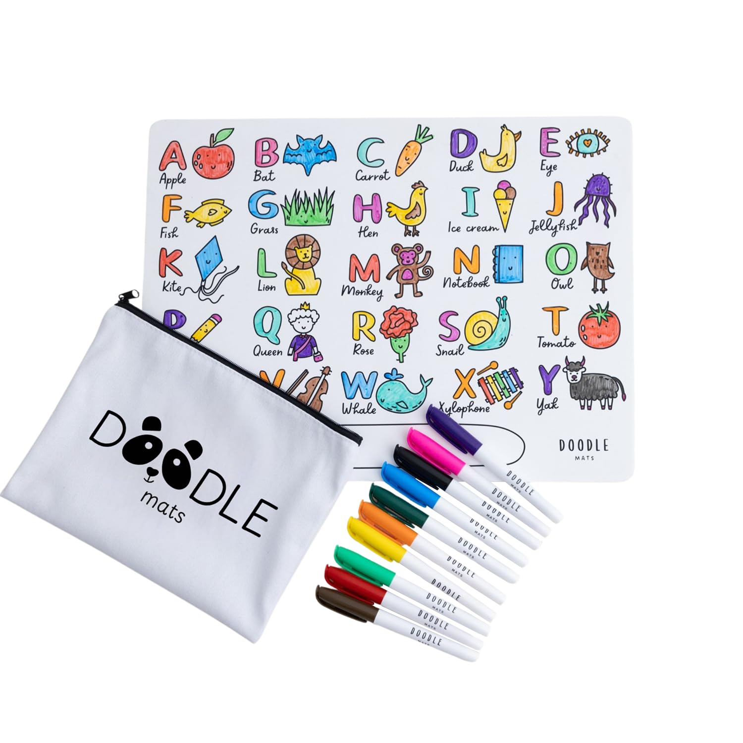 Doodle Mats Reusable Alphabet Colouring Mat for Kids | ABC Educational Play Mat with 10 Washable Pens & Carry Case | Mess Free Travel Toy, Eco Friendly, Reusable Learning Gift | A3 Size