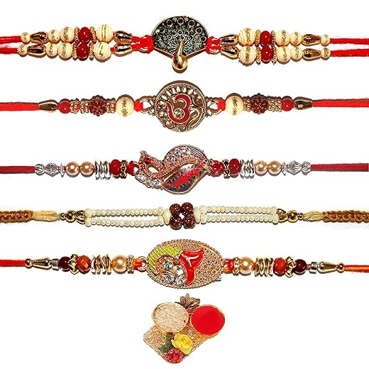Alpha Home Goods Rakhi for brother | Rakhee Bracelet on Festival of Raksha Bandhan for Brothers| Made-by fine Threads Rudraksha Kundan Multicolored Stone and Small White Beads (Rudraksha)
