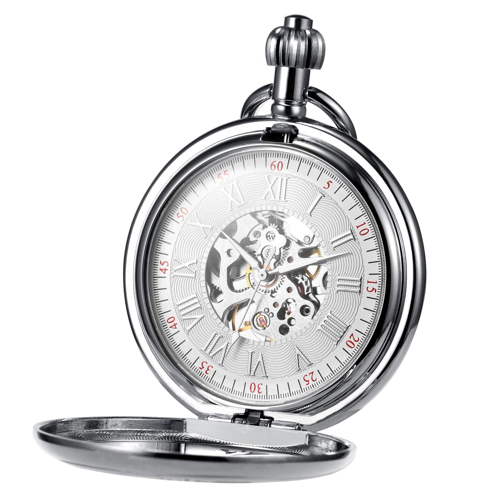 TREEWETO Reloj de Bolsillo Antiguo para Hombre con Cadena, Diseño Retro de Águila y Esqueleto, Mecánico, Cuerda Manual, Números Romanos, Color Plateado
