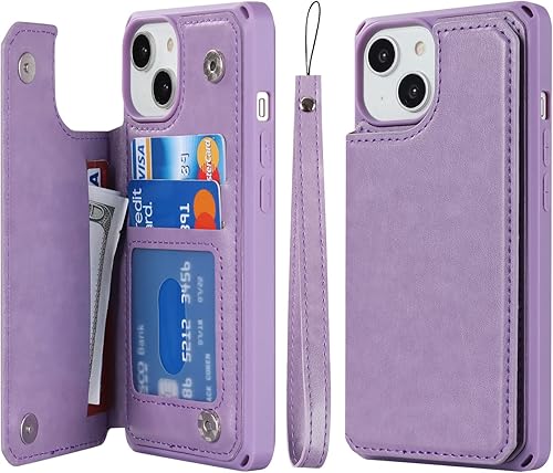 Cavor Funda para iPhone 14 Plus funda tipo cartera para tarjetas 4 ranuras para tarjetas con cordón de piel sintética a prueba de golpes para iPhone
