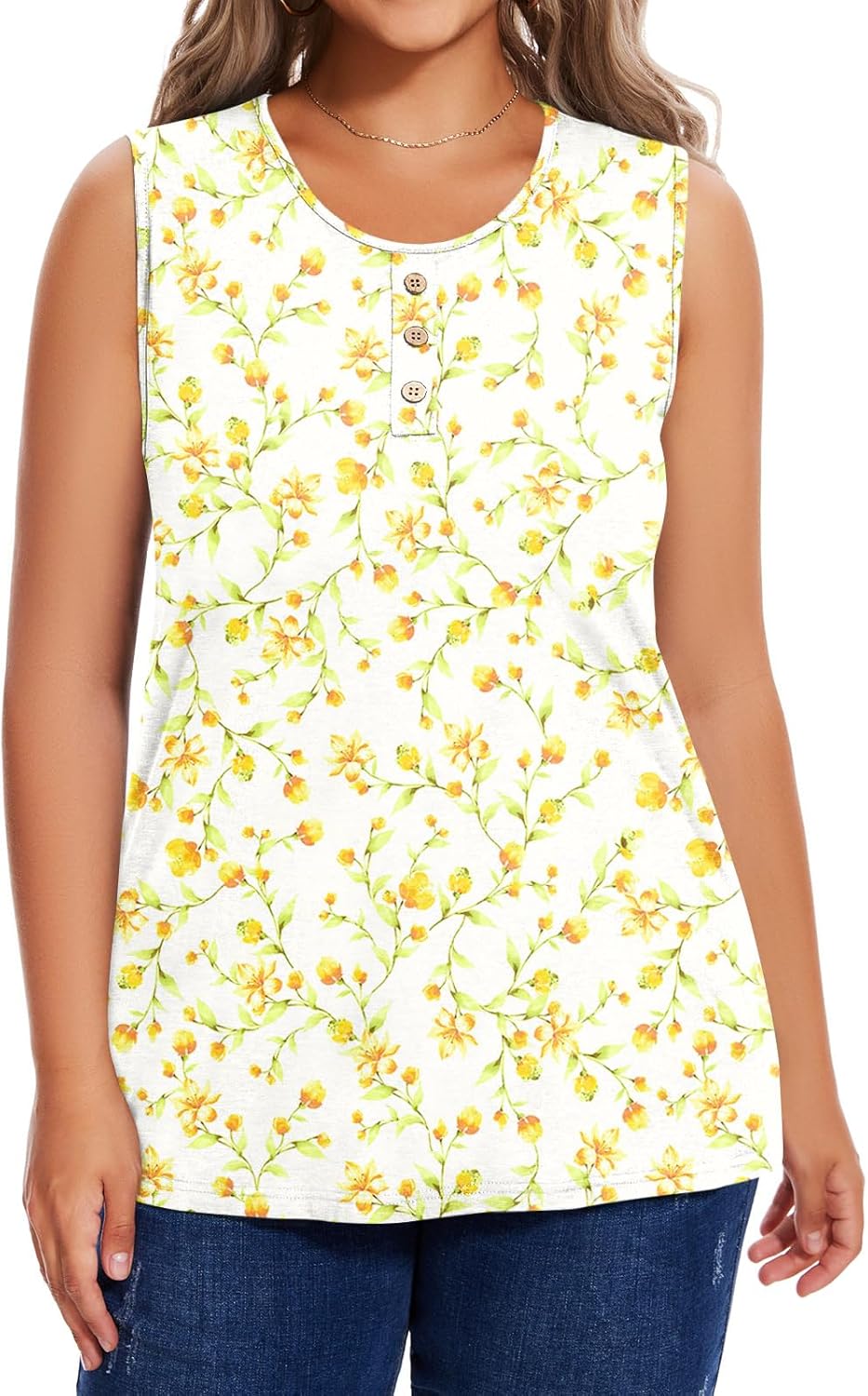 Women's Plus Size Tank Top Summer Sleeveless Casual Blouses Loose Shirt Button Tunics Apricot Color Florets XX-Large