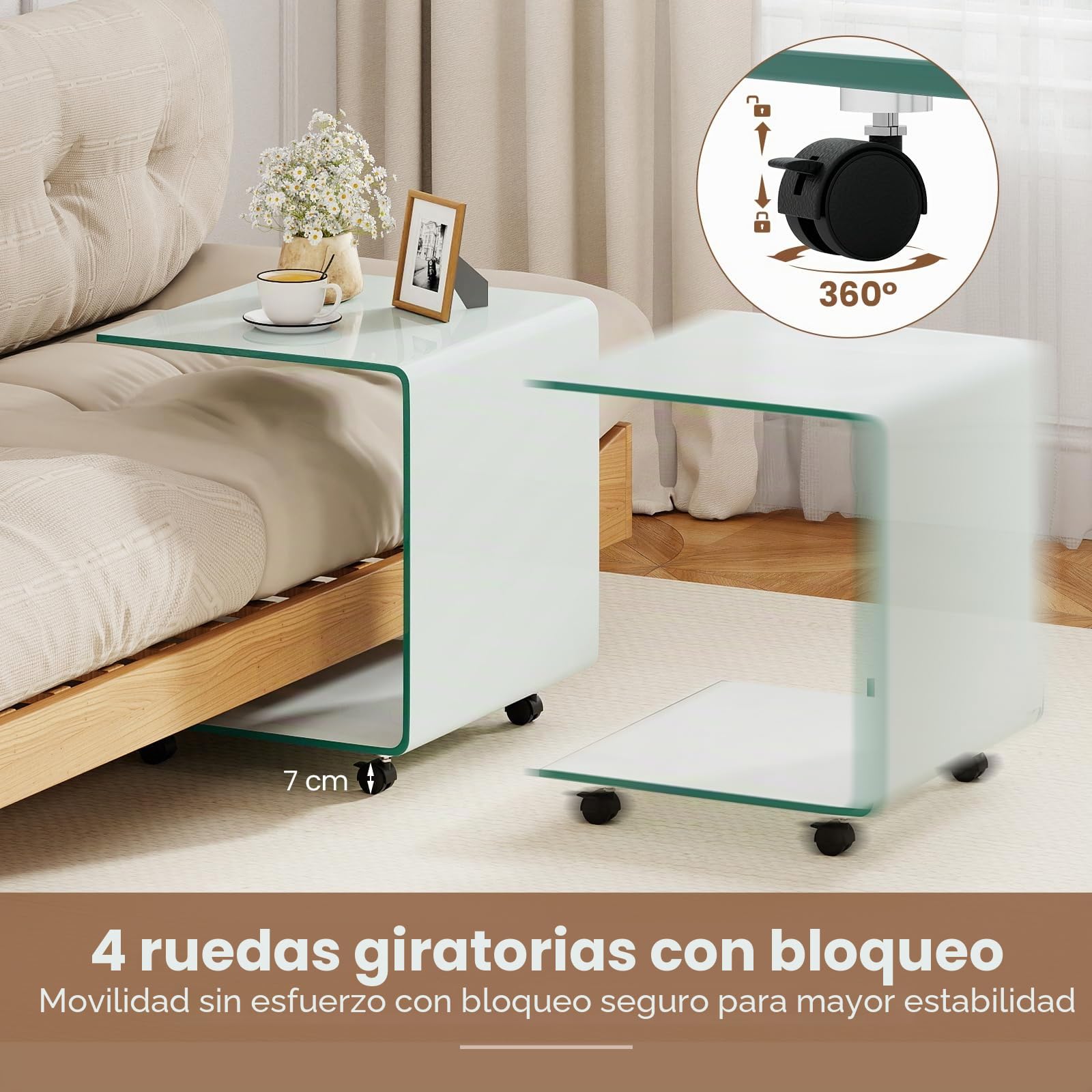 COSTWAY Mesas Auxiliares de Cristal, 45 x 45 x 41 cm, 2 Formas, Mesas de Centro Pequeñas, Mesa Auxiliar Salon Sofa de Vidrio Templado, Mesa para Café (Blanco,con Ruedas)