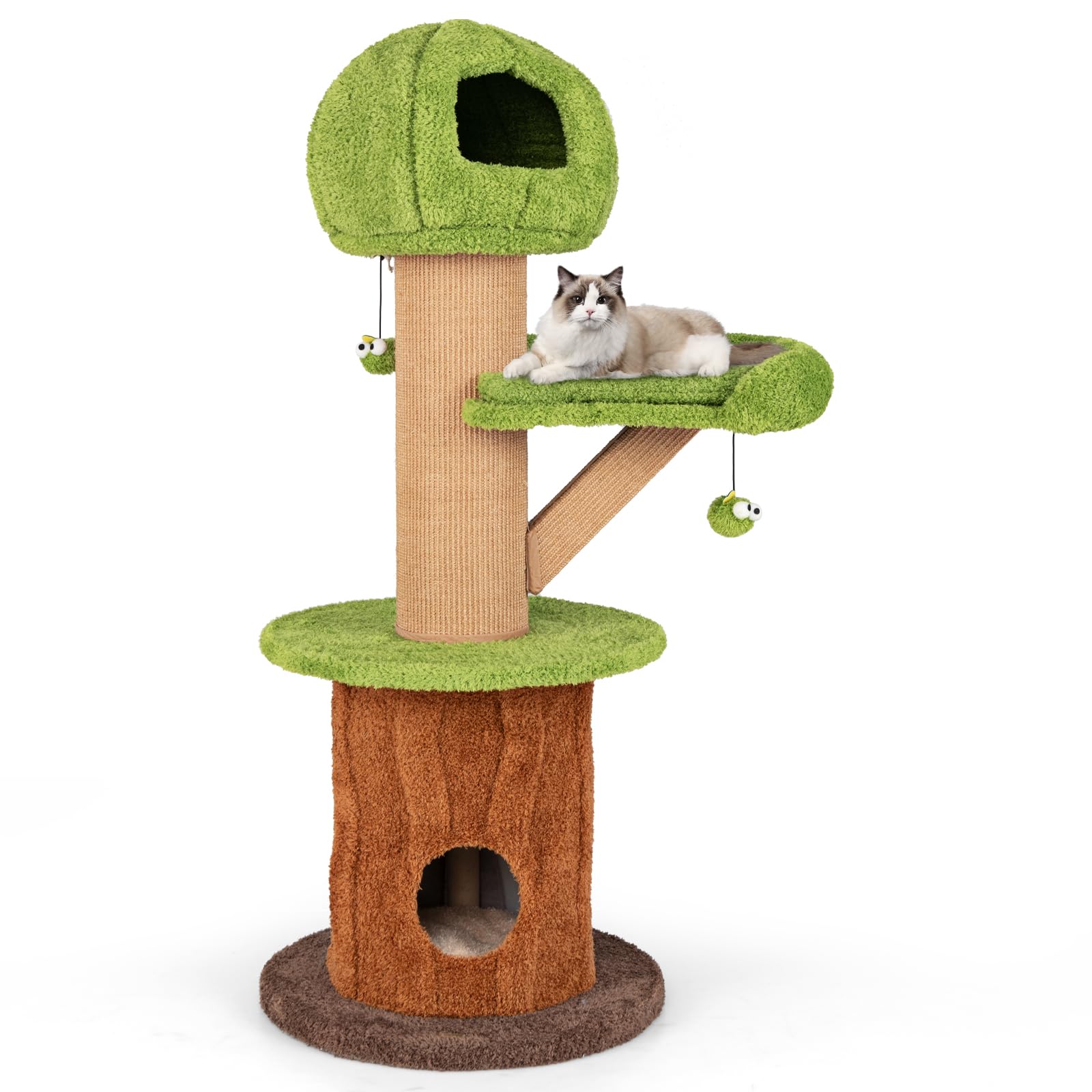 COSTWAY Cat Tree, 148cm Tall Cat Climbing Tower with 2 Cute Condos, Scratching Post, Hanging Balls, Plush Perch, Kitten Activity Furniture for Indoor Cats