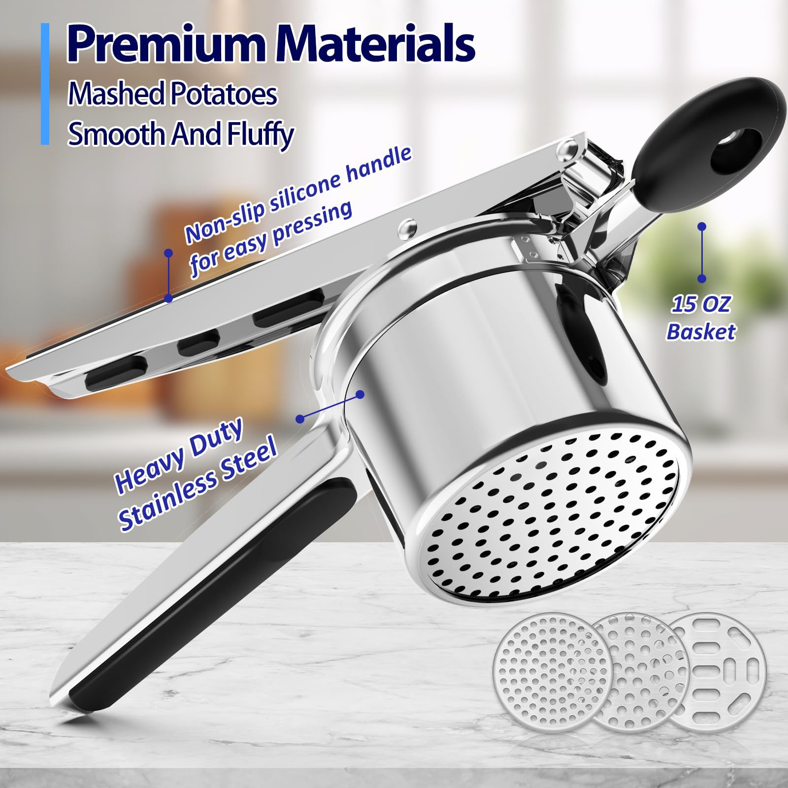 Schiacciapatate,Spremispaetzle,Schiacciapatate in Acciaio Inox,Pressa Per Spaghetti Per Gelato Con Manico Antiscivolo in Silicone,Insieme a 3 Setacci Spaetzle Intercambiabili