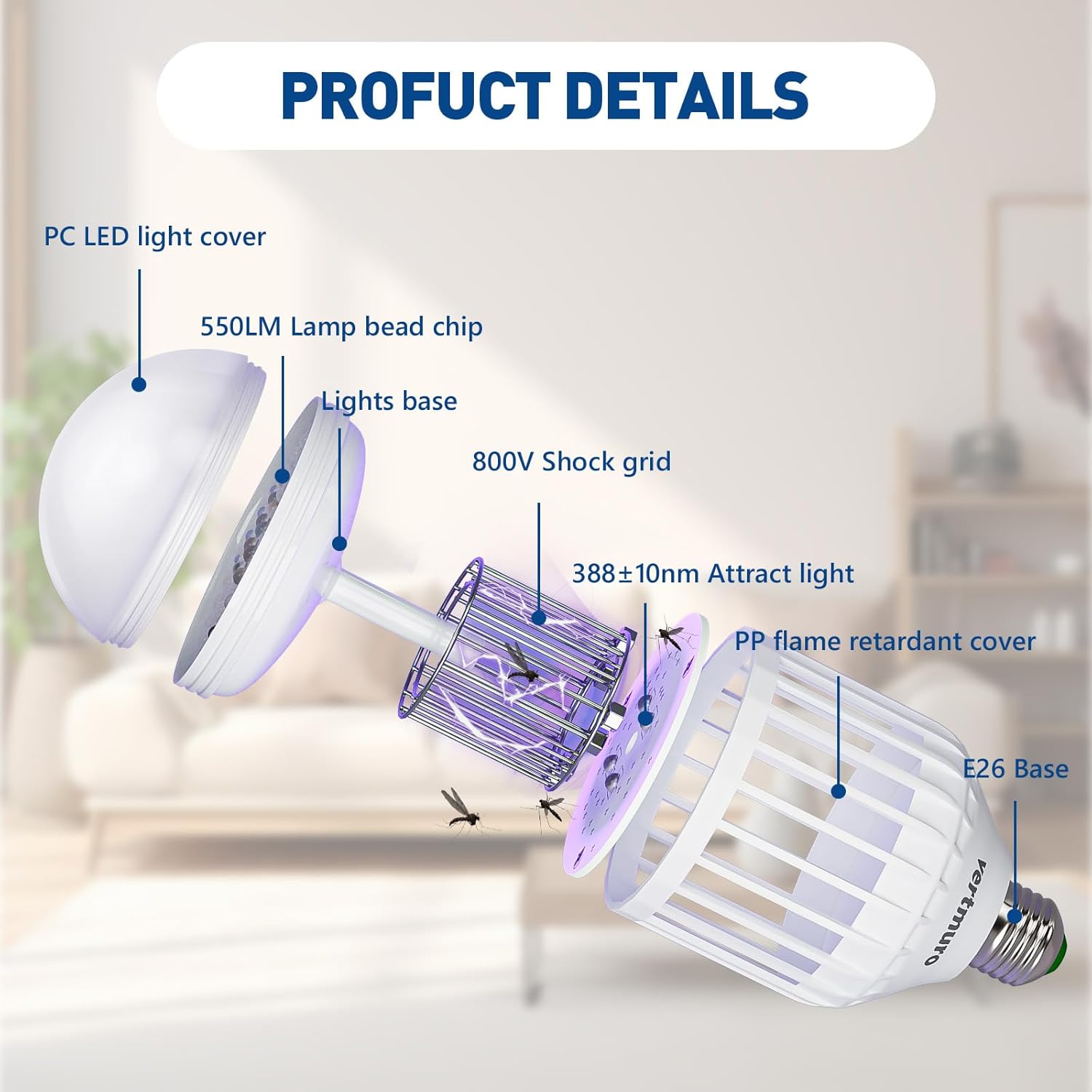 Bug Zapper Light Bulb, 2-in-1 Indoor Electric Mosquito Killer Lamp with UV LED Light, Fly Insects Trap for Home Entryway Balcony Patio(3 Pack)