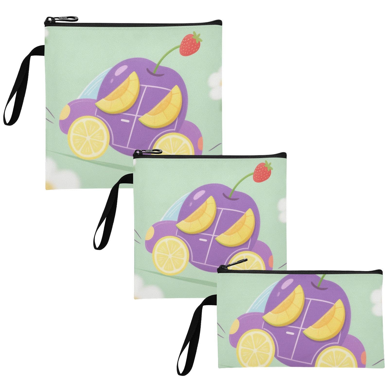Fruit Car Cartoon Fun 3 Piecing Reusable Zipper Snack Bag Portable Travel Bag for Camp Friends and Gear