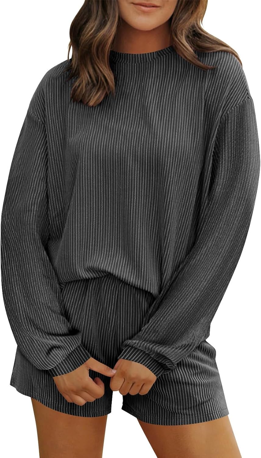 2 Piece Sets for Women Sweatsuit Casual Tracksuits Long Sleeve Tops and Shorts Lounge Outfits Solid Color Fashion Sets