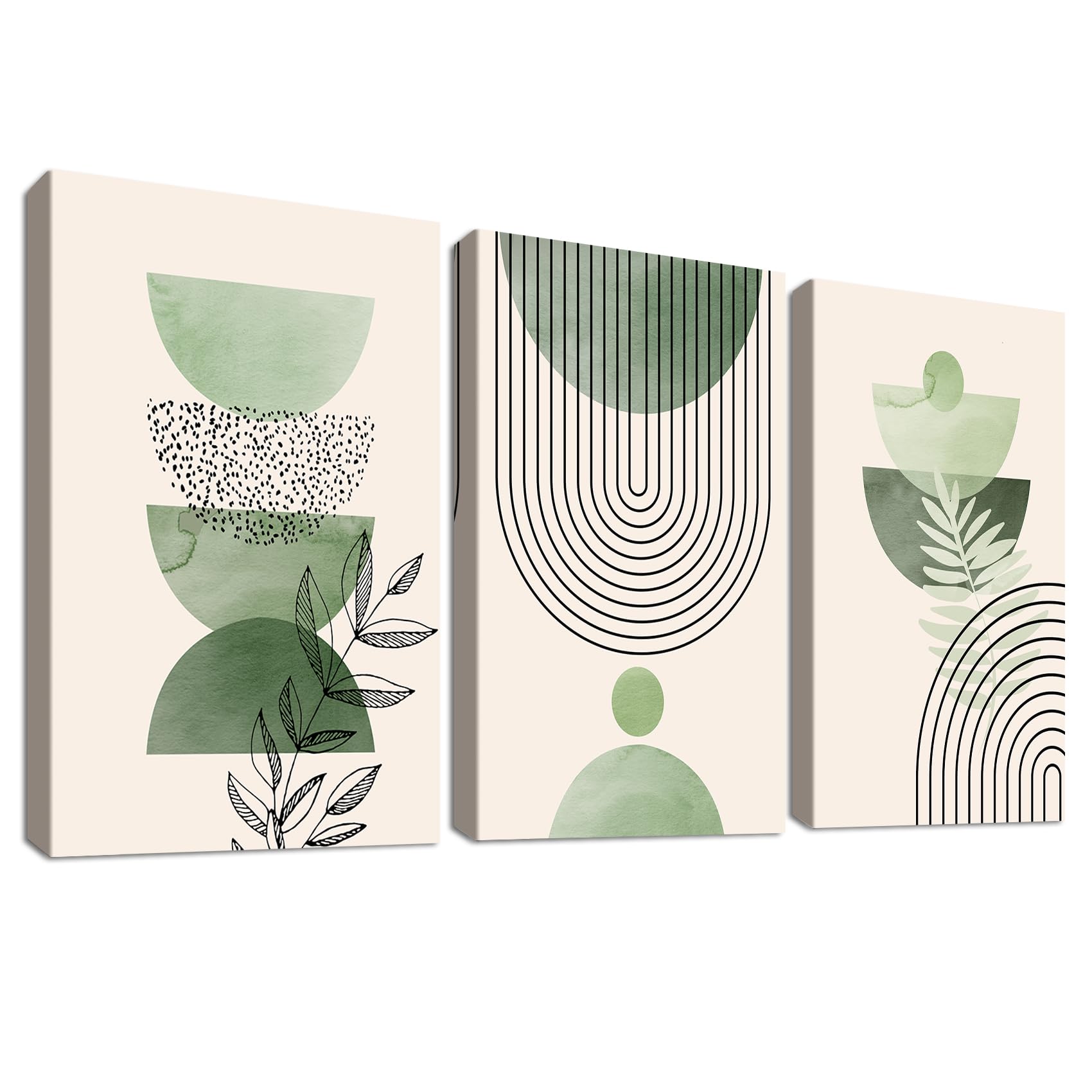 3 Pcs Boho Verde Salvia Marco de madera Cuadro Moderno Minimalista Abstracto Geométrico Beige Verde Lienzo Decorativos Pintura Imagen Cuadros Decoracion Salon Dormitorios Baño Pasillo 30cmx40cmx3
