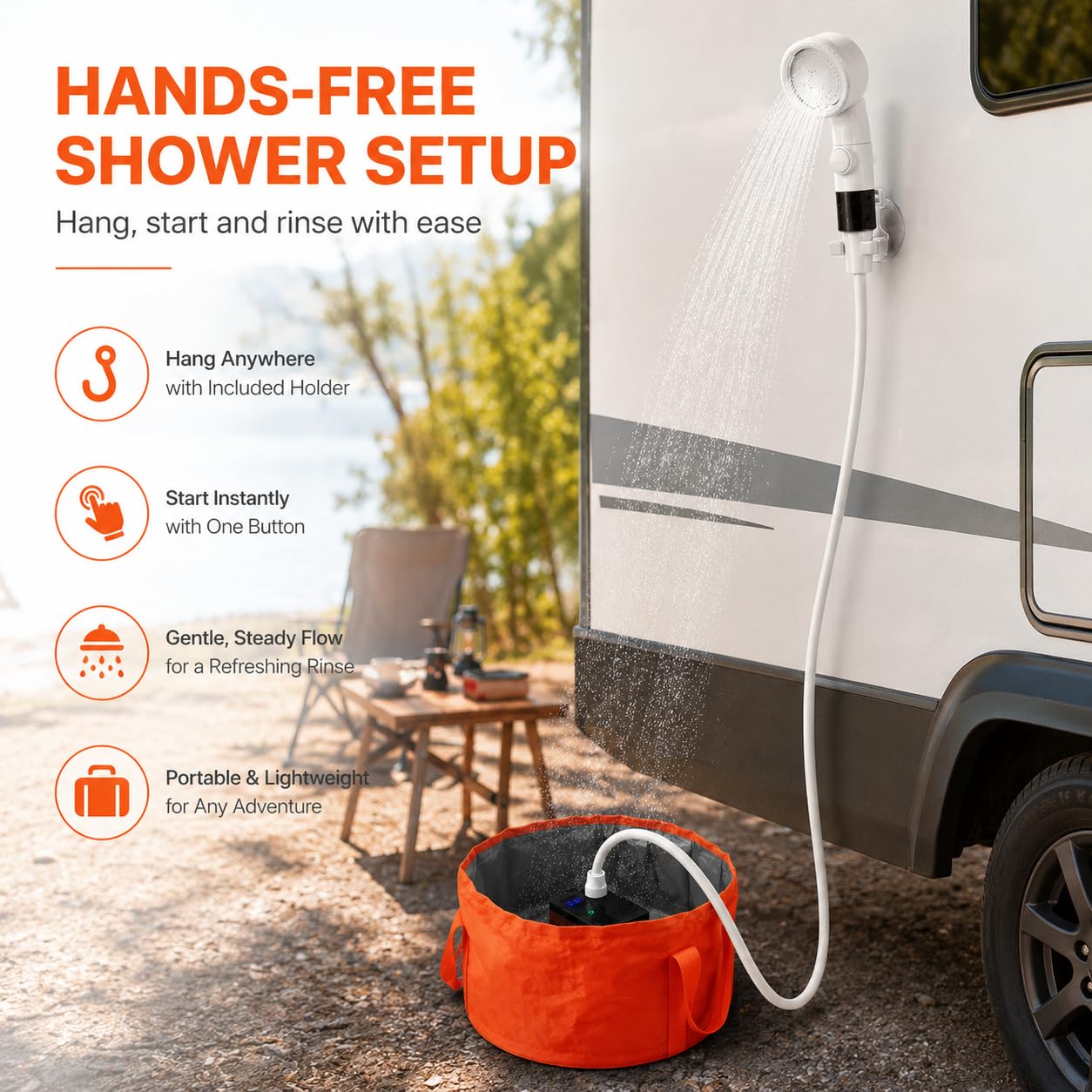 Aidoclip Pompa doccia portatile da campeggio con 12l pieghevole | Kit doccia alimentato a batteria, display della temperatura, soffione doccia a 3 velocità, tubo da 2,1 m, doccia per spiaggia