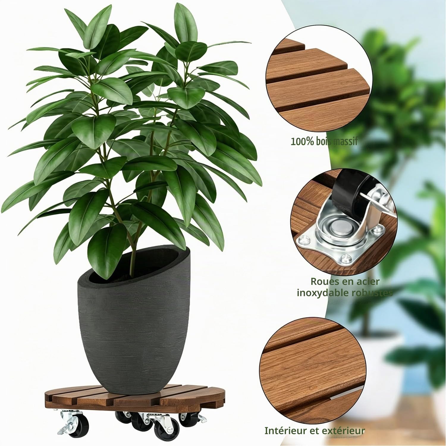 Lot de 2 roulettes robustes en bois avec roulettes verrouillables en métal - 30 cm