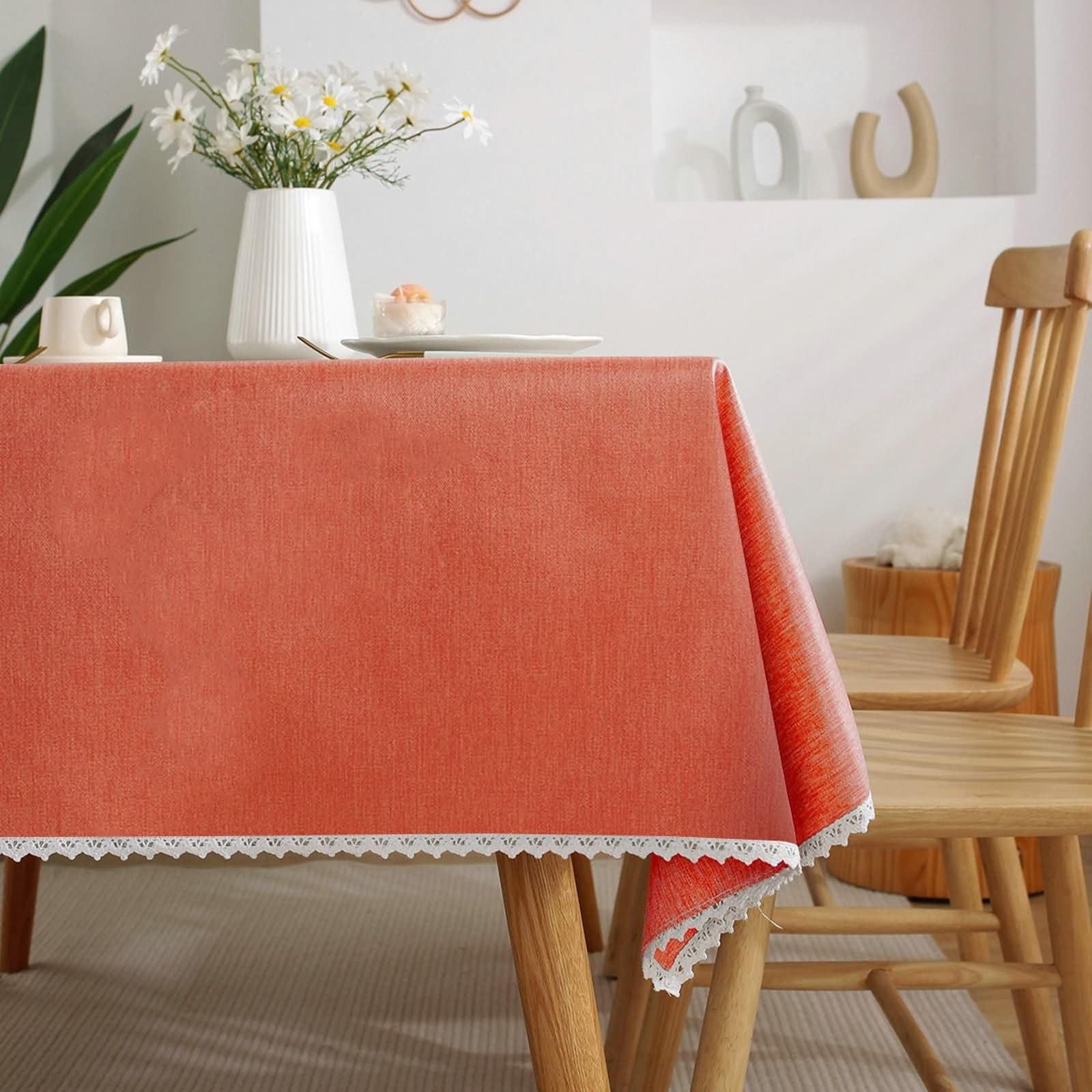 Mantel Decorativo Rectangular Naranja, Color Sólido con Encaje, de Poliéster Fácil de Limpiar, 135 x 220 cm, Mantel para Sala de Estar