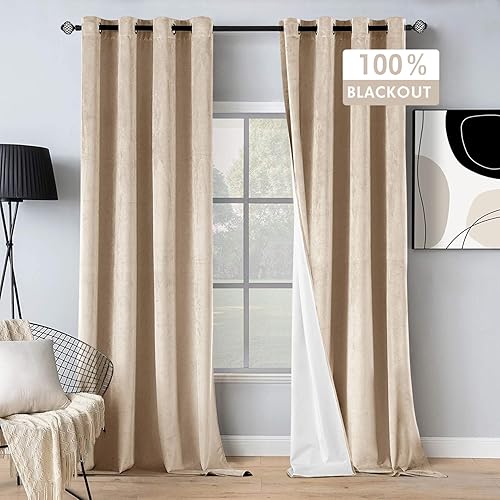 MIULEE Cortinas 100% opacas de terciopelo de 63 pulgadas de largo, color beige, para oscurecer el dormitorio de lujo, sala de estar, cortinas con
