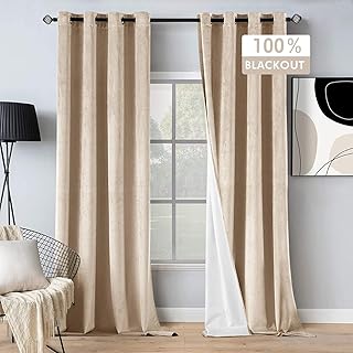 100% Blackout Velvet Curtains 84 Inches Long Beige Curtains Black Out Drapes for Luxury Bedroom Living Room Darkening Thermal Insulated Grommet Curtains for Light Blocking Set of 2