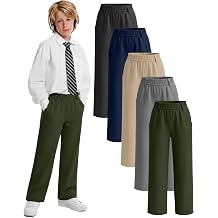 5 Pack Boys' School Uniform Pants Pull-On Straight Fit Trousers with Pockets Elastic Waist Dress Pants for Kid 5-14Y