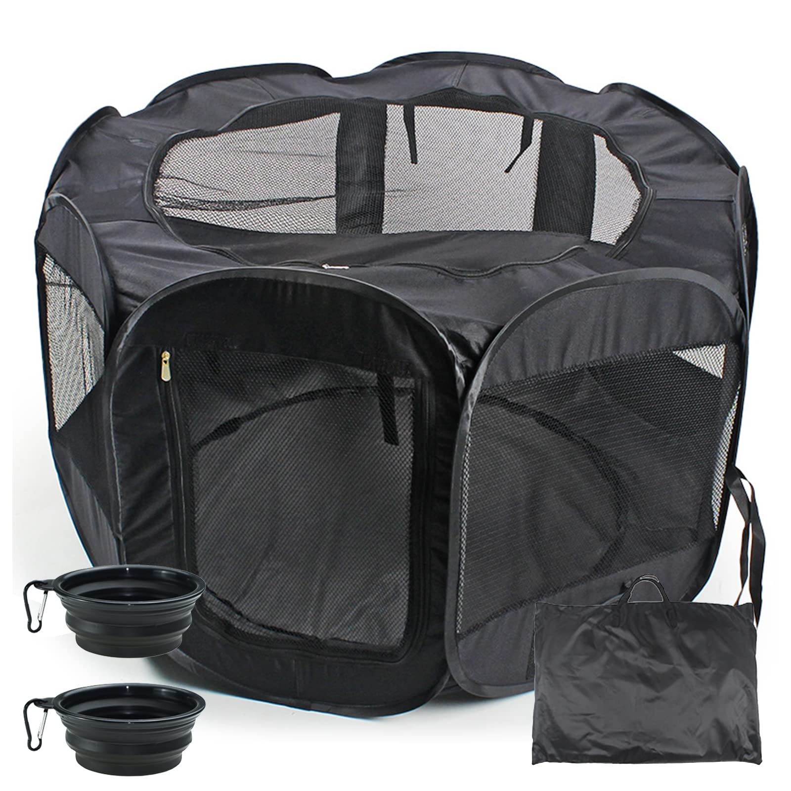 Tienda De Campaña Portátil Plegable Para Mascotas, Parque De Juegos Para Mascotas, Parque Para Perros,Parque De Juegos Octogonal Para Perro, Gato, Conejo Con Cuenco De Viaje Plegable,Negro