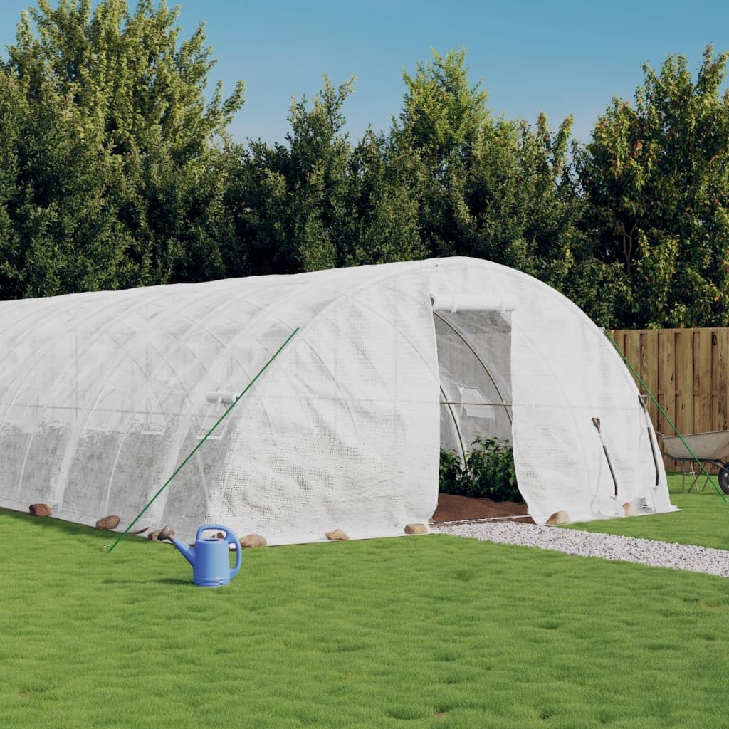 Invernadero con estructura de acero blanco, 40 m², 8 x 5 x 2,3 m, túnel de polietileno de 140 g m², cobertizo de jardín para tomates, cultivador, protección de plantas, clima y protección