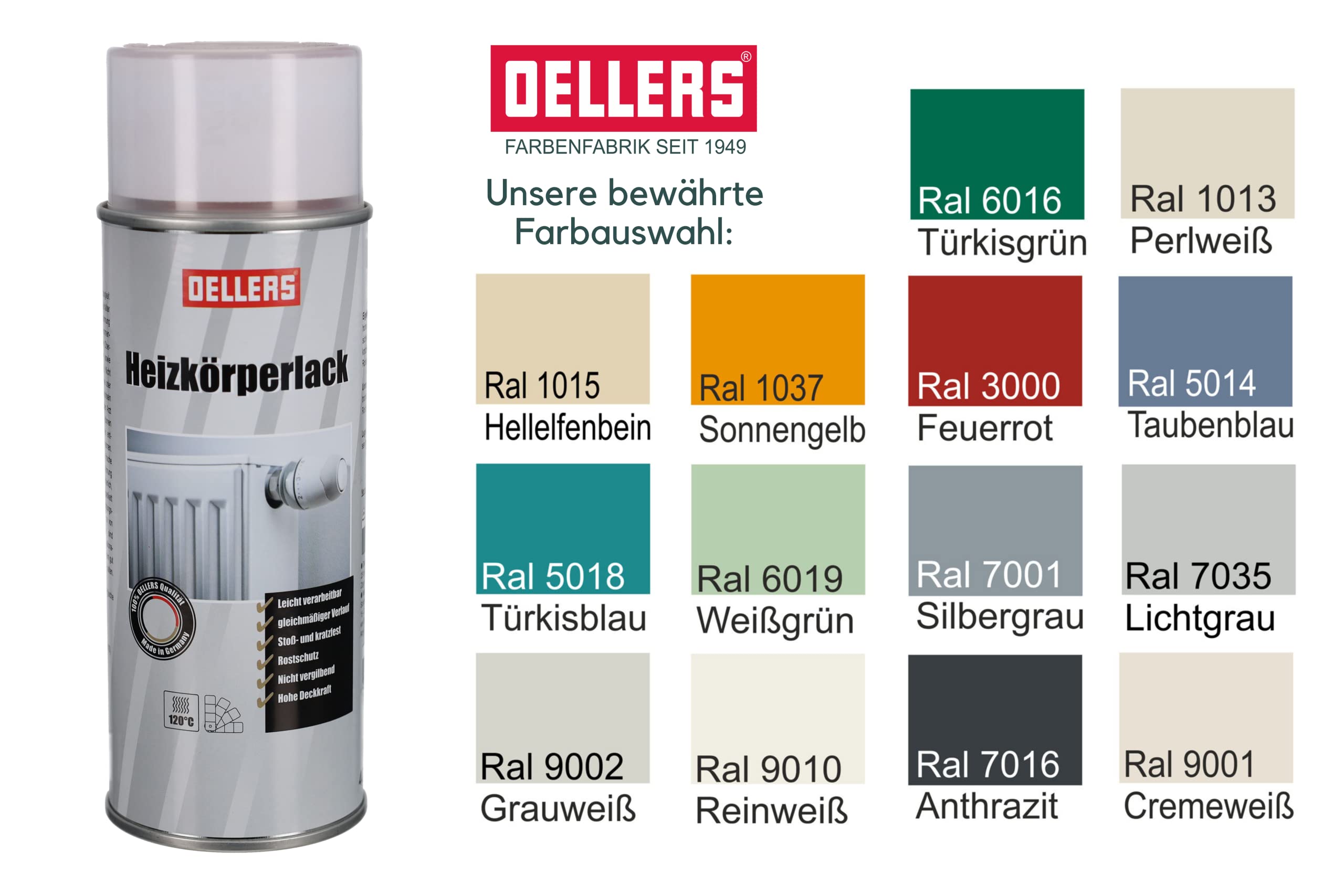 OELLERS Lakier do grzejników w sprayu, 400 ml, RAL 9010 Czysty biały, sprawdzona jakość, wysoka siła krycia i wydajność, odporny na działanie temperatury, zarysowania i ścieranie, zabrudzenia i kurz