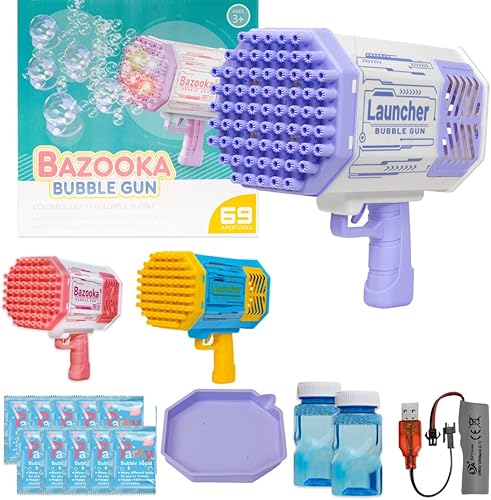 Bazooka - Pistola de burbujas, 69 pistolas de burbujas con luces LED coloridas, máquina de burbujas de Bazooka, juguetes al aire libre para niños,