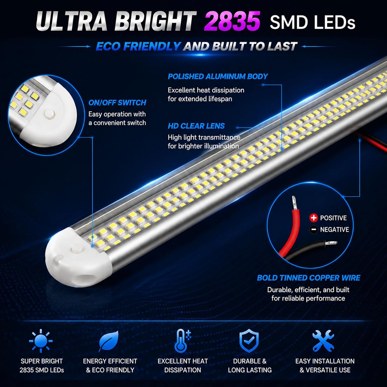 12V LED Interior Light Bar, 120 LEDs 1500LM 8W DC Light Strip with ON/Off Switch, RV Interior Lights for Trailer Camper Van Truck Boat Cargo Enclosed Lighting(4 PCS) image 2