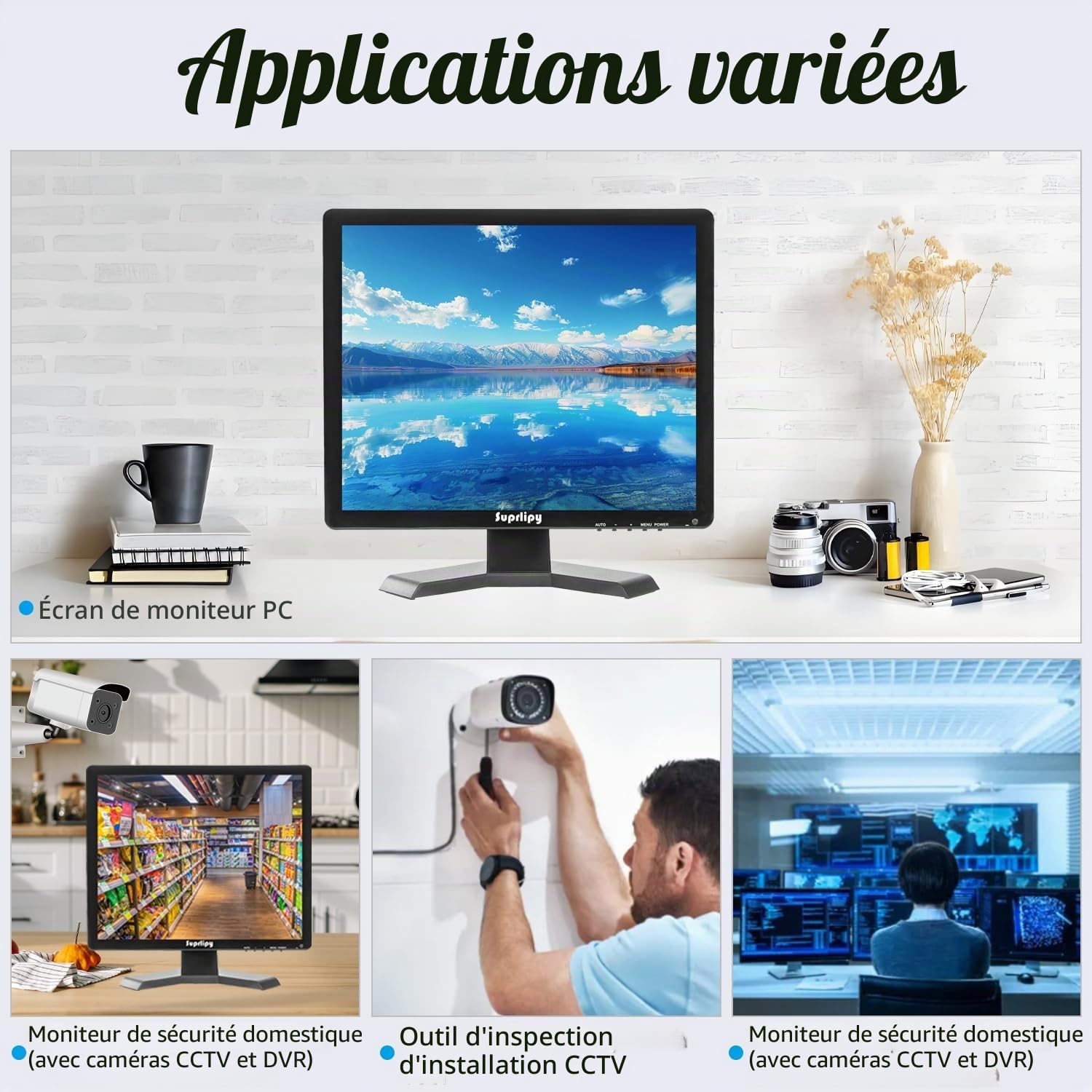 Moniteur de vidéosurveillance de sécurité LCD TFT 19 Pouces résolution 1280x1024 écran Couleur Prise en Charge HDMI VGA AV BNC USB entrée avec télécommande Haut-parleurs intégrés pour caméra