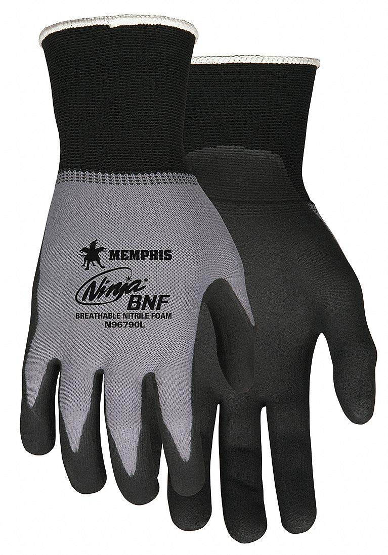 MCR Safety Ninja BNF N96790L Guante de trabajo, 15 Gauge Nylon/Spandex Shell, espuma de nitrilo transpirable (BNF) palma y dedos recubiertos, grande, negro y gris