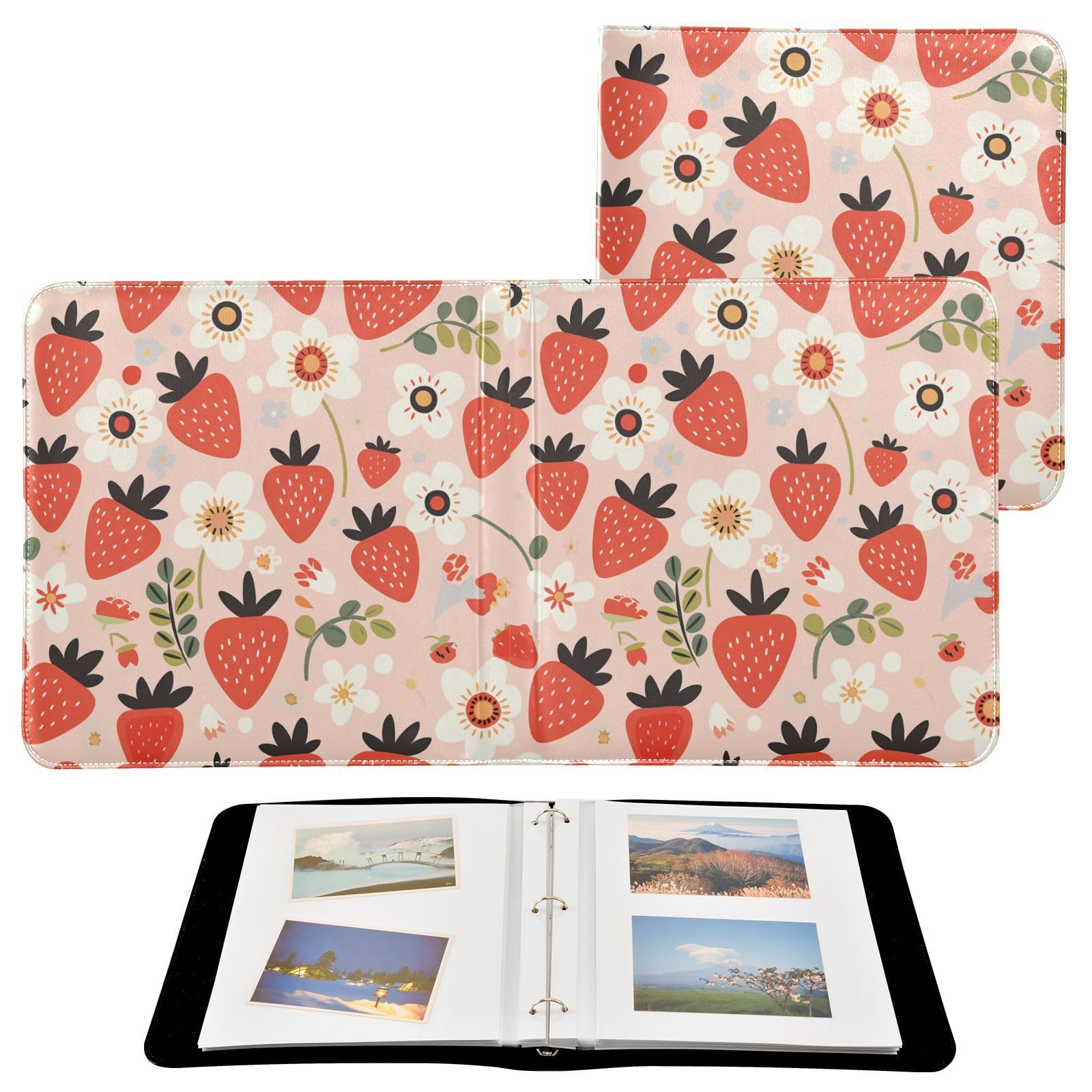 Kigai Strawberry Flowers Photo Album Self Adhesive Scrapbook Album Leather Cover DIY Picture Scrap Book with 20 Adhesive Sheets, 11.8x24x0.8 inch