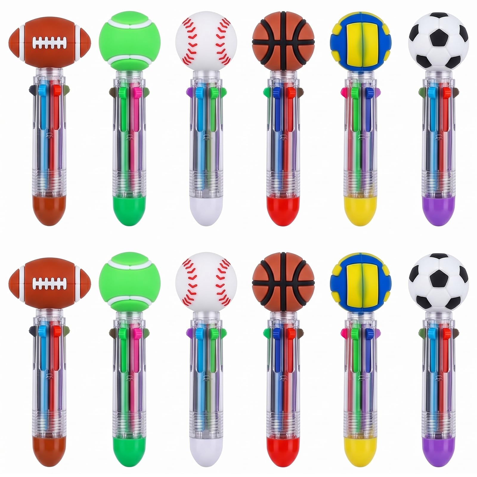 Pack de 12 Bolígrafos 4 Colores en 1, Bolis de Colores con Diseño de Pelotas Deportivas para Regalos Cumpleaños Niños Colegio, Bolígrafo Retráctil 0.7mm para Material Escolar y Detalles Infantiles