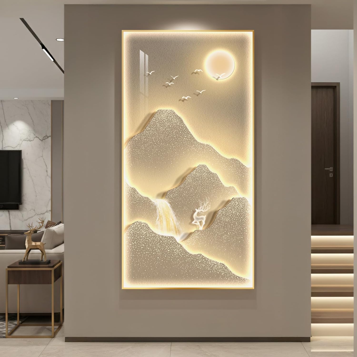 LED Lighted Mountain Wall Art for Living Room, Large Framed Modern Gold Sun Waterfall Pints Artwork for Walls, Minimalist Nature Landscape Dimmable Bright Wall Decor for Hallway, Entryway, Office