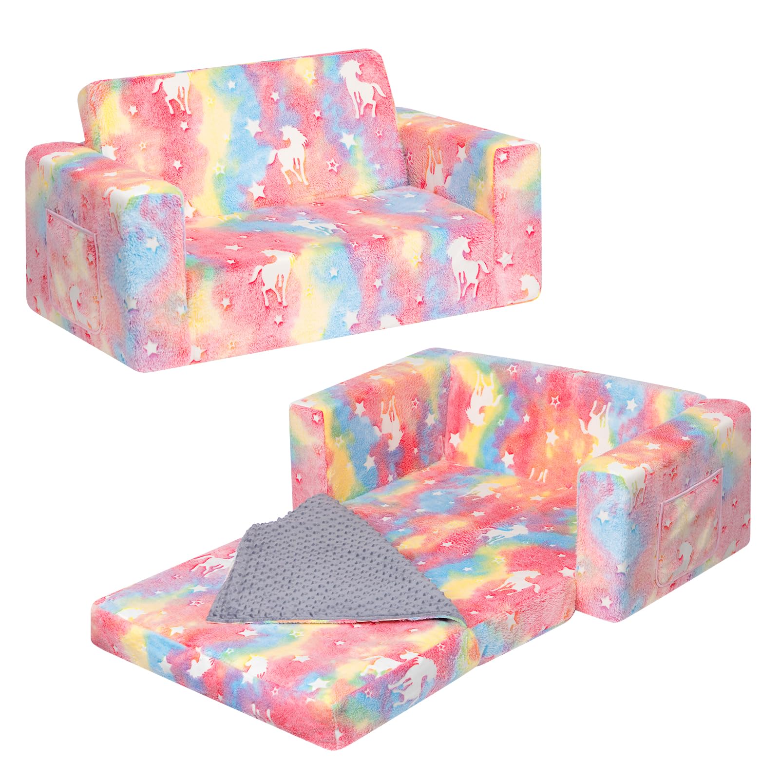 ALIMORDEN Fold Out Toddler Couch, Extra Wide Comfy 2-in-1 Cuddly Sherpa Sofa for Kids, with Removable Baby Friendly Blanket, Convertible Sofa to Bed, Unicorn