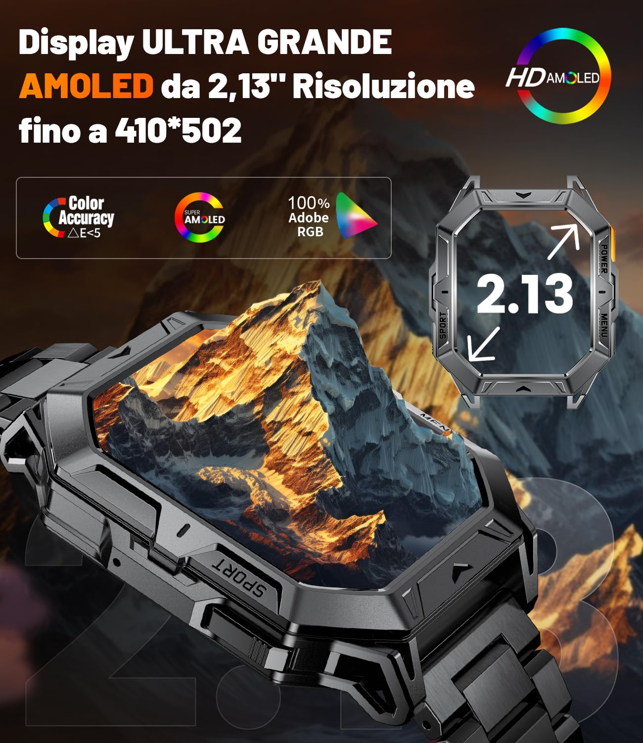 Smartwatch Uomo Militare 1000mAh 50 Giorni Batteria 2.13" AMOLED Schermo Chiamata Impermeabile 10ATM Contapassi/Bussola/Frequenza Cardiaca/Podometro Android iOS Sportive Orologio Smartwatch Uomo