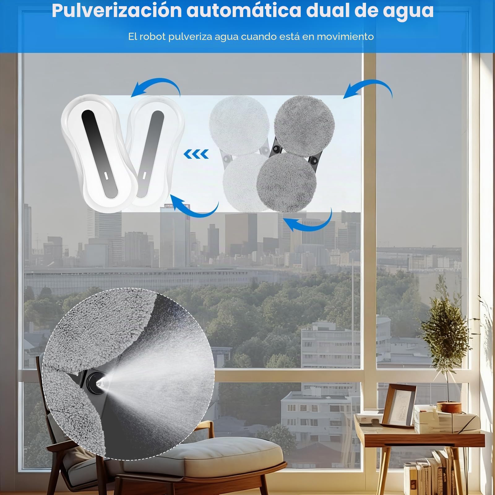 Robot Limpiacristales, Doble Pulverización de Agua,5600Pa Robot Lavadora | de Cristal Automático con , 3 Modos Limpieza, Detección de Bordes, Navegación Inteligente, Mando a Distancia et 8 Paños