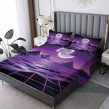 Vaporwave Sheets Twin XL Size, Moon Pattern Sheet Set, Soft Microfiber Wrinkle Free Bedding Sheets & Pillowcases 3 Piece, Bedroom Decor Bed Sheets with 16 Inch Deep Pocket