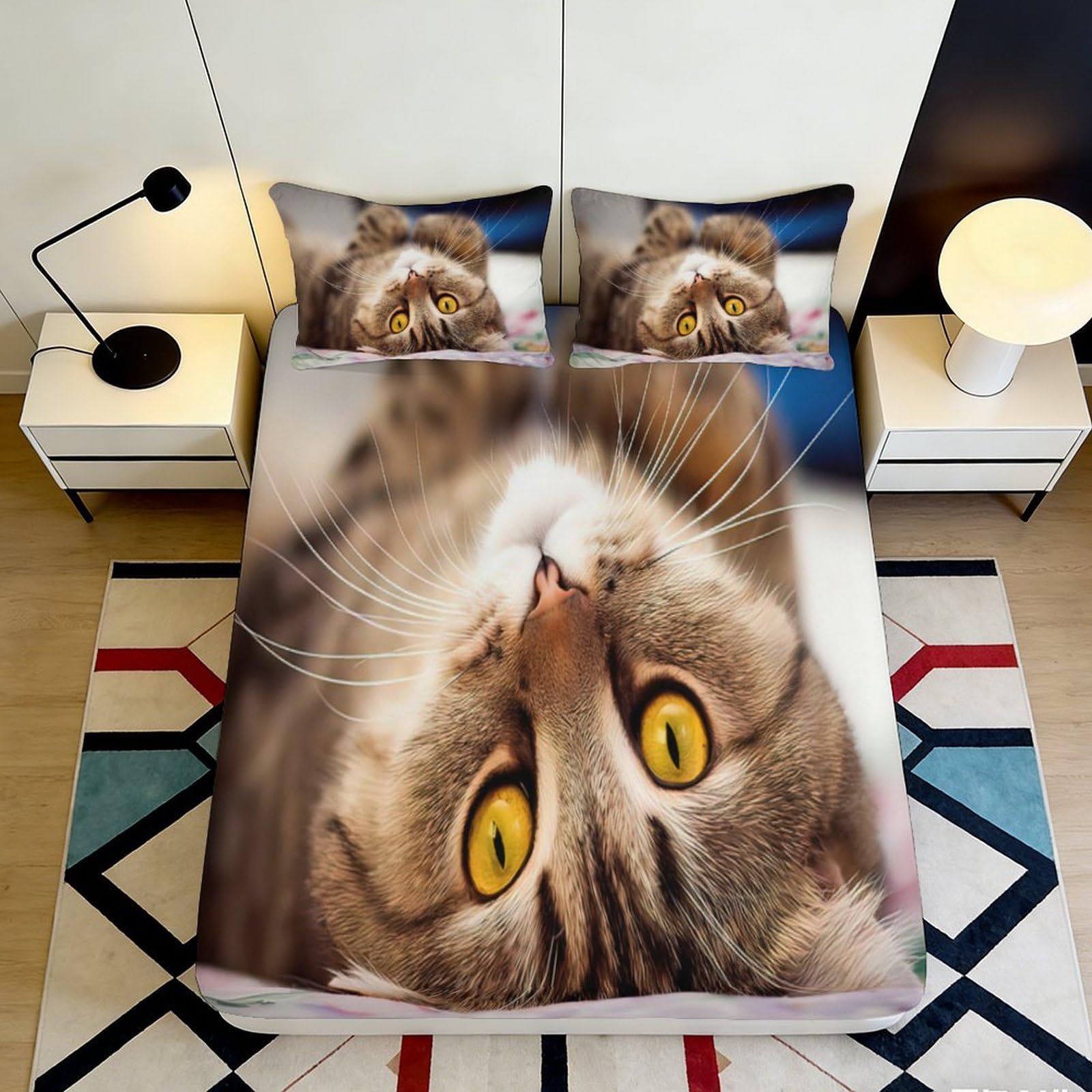 3D Printed Tabby Cat Fitted Sheet Microfiber Soft Breathable Yellow Eyes Mattress Cover for Bedroom Dorm Mattress Protection Decor 120x200x25cm