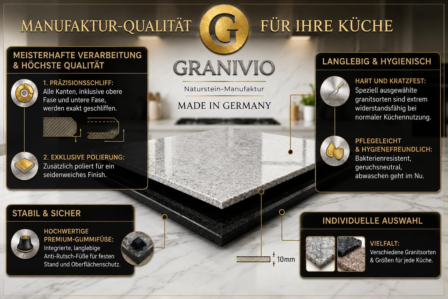 Granit Schneidebrett Servierbrett und Herdabdeckplatte Made in Germany edle Unterlegplatte aus massivem Naturstein (Absolute Black 40x30)