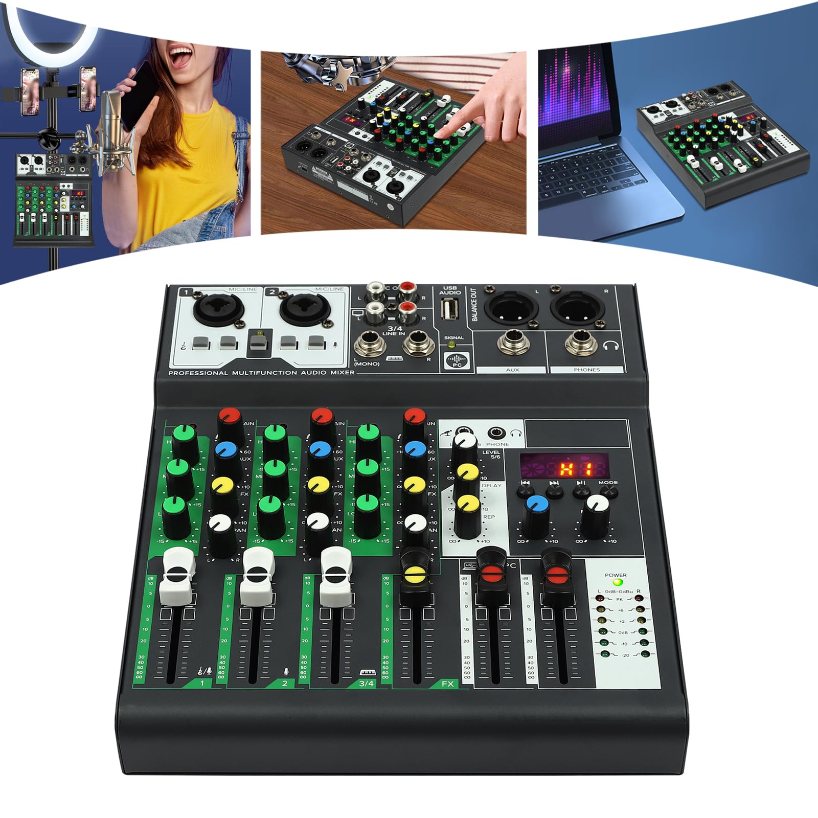 Mixer per DJ a 4 canali, mini mixer audio USB e mixer audio Bluetooth DJ controller, console di miscelazione, per KTV a casa, palcoscenico, bar, ecc