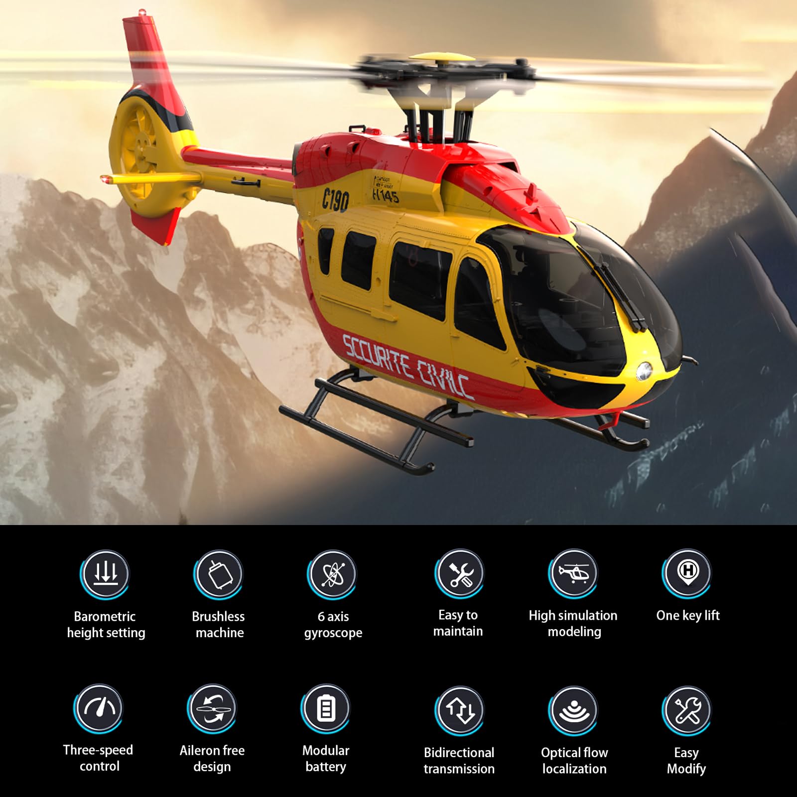 Ferngesteuerter Hubschrauber, 2,4 GHz RC Helikopter Helikopter mit doppeltem bürstenlosen Motor, 4 Kanäle, optische Flusspositionierung, sechsachsige Gyroskopstabilisierung