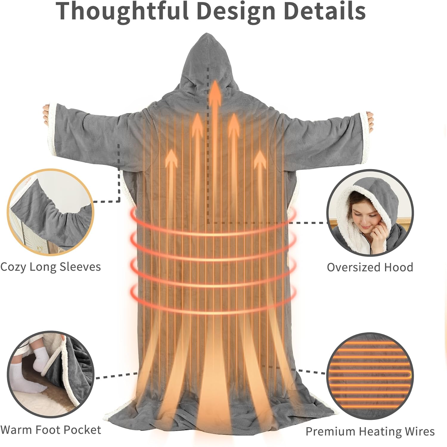 ESTINGO Wearable Electric Throw Heated Blanket with Foot Pocket, Heated Electric Blanket with Sleeves, 6 Heating Levels and 1-4H Timer, Heated Hoodie Women for Mom Grandma 50"×70" Grey Grey 50"x70"