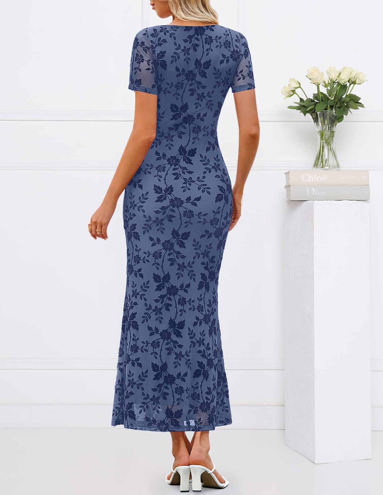 MEROKEETY Women Summer Floral Bodycon Maxi Dress 2026 Spring Wedding Guest Square Neck Short Sleeve Mesh Cocktail Party Dress - 4