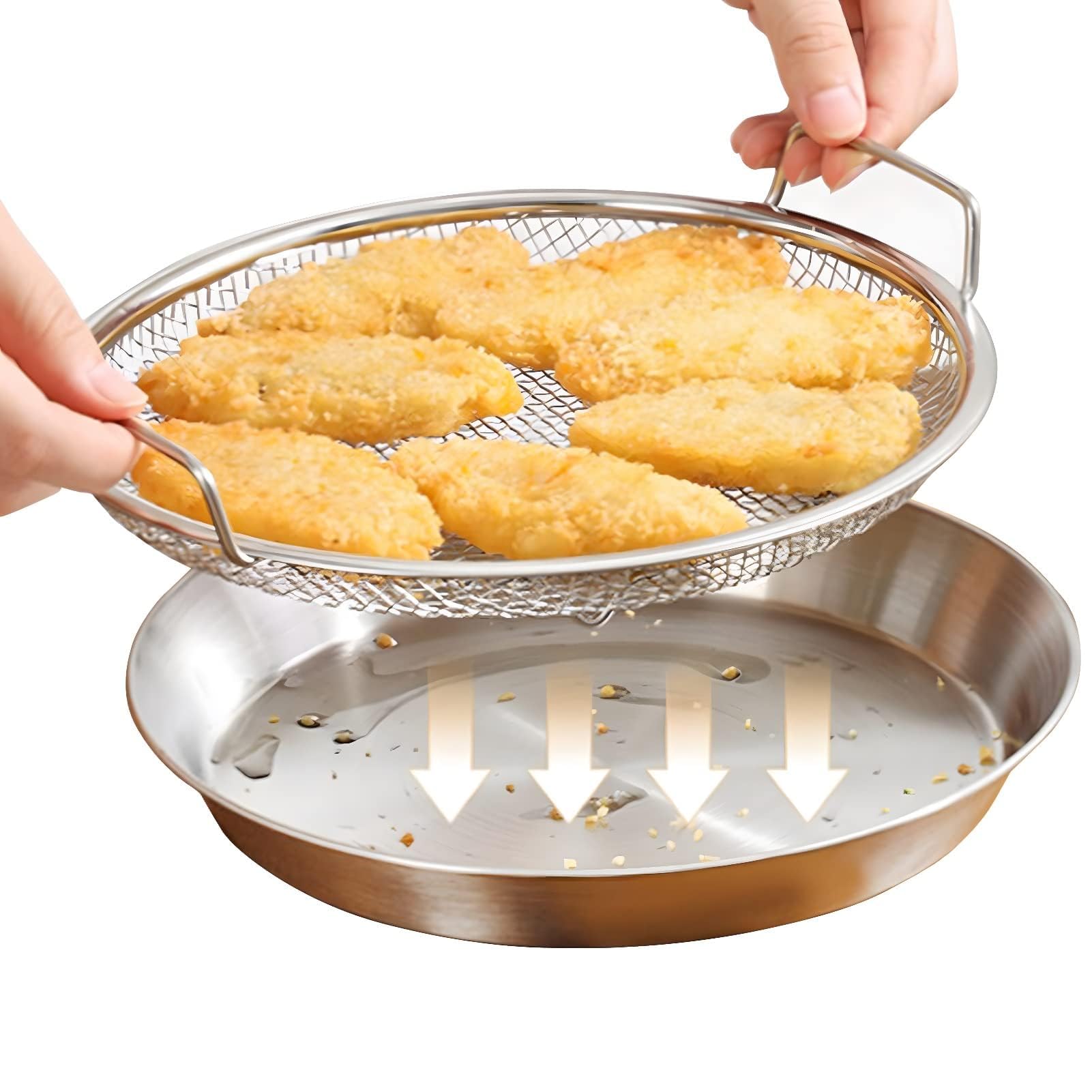 Khazna Kitchen Oil Filter Tray, Stainless Steel Frying Oil Filter Tray with Tray Fine Mesh Filter Basket for Frying Grilling food, Kitchen Strainer Colander for Washing Vegetables and Fruits