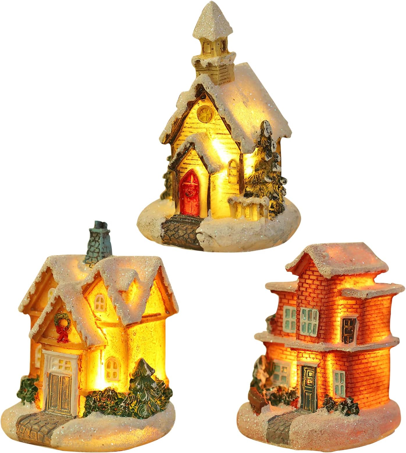Christmas Village Houses Set 3Pcs LED Light Up Christmas Ornament Kits Christmas Resin Ornament Buildings Scene Christmas Decorations Luminous Snow House Holiday Lighting Decorations Xmas Party Decor