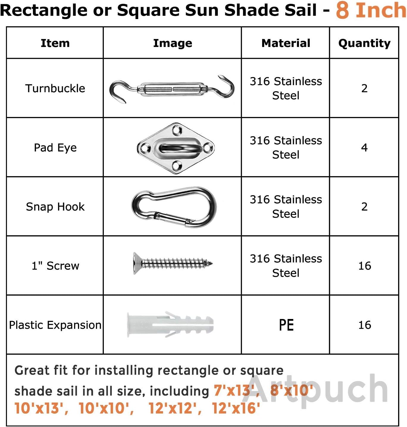 316 Stainless Steel Sun Shade Sail Hardware Kit For Rectangle And Square Sun Shade Sail Installation 8 Inches Silver Screws