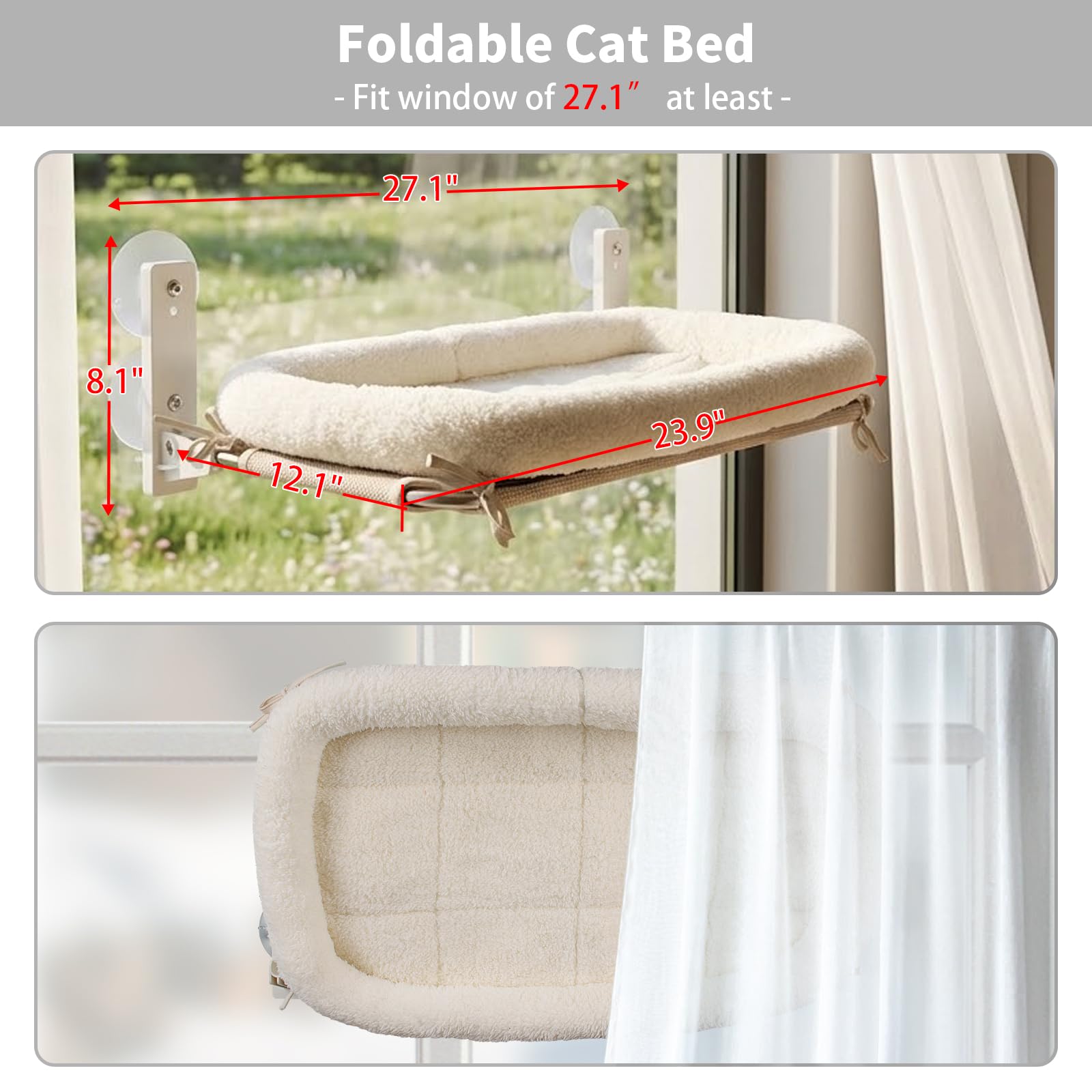 PEFUNY Percha plegable inalámbrica para ventana de gato, hamaca para ventana y pared, con 4 ventosas, marco resistente para ventanas de vidrio y paredes interiores (beige con cama mediana)