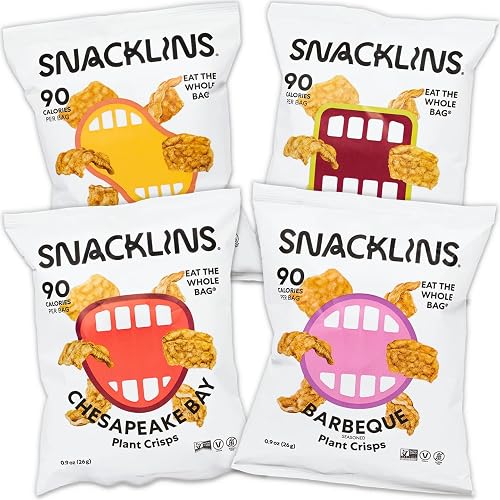 SNACKLINS Plant Based Crisps 4 Flavor Variety - Nacho, BBQ, Teriyaki, Chesapeake Bay - Gluten Free, Grain Free, 100% Kosher, Crunchy Puffed Snack Only 90 Calories Per Bag - .9oz Bag (Case of 12)