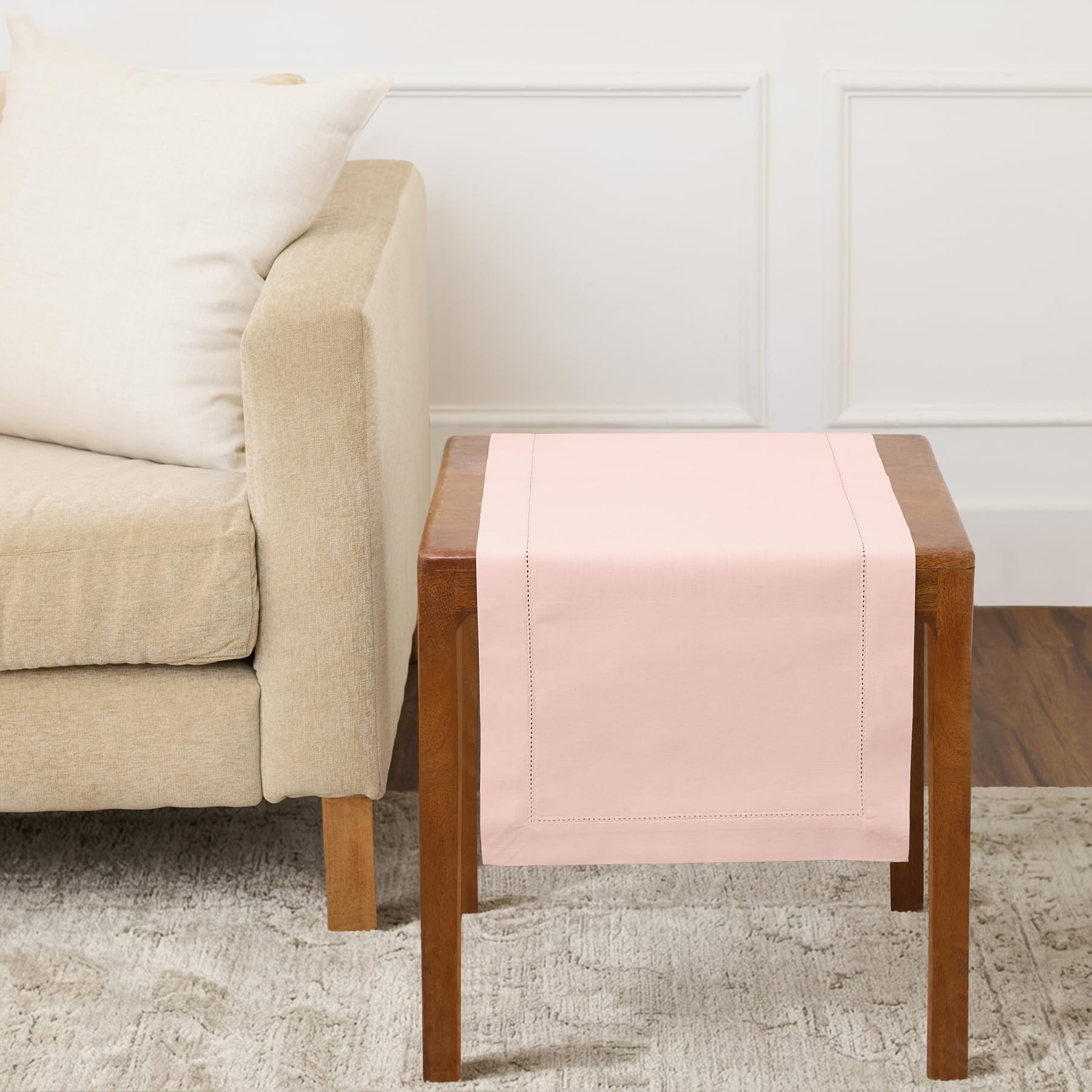Solino Home Pink Table Runner 36 Inches - Cotton Linen Hemstitch Coffee Table Runner 14 x 36 Inch Ideal for Dresser Tables - Fall, Autumn, Halloween, Thanksgiving, Christmas