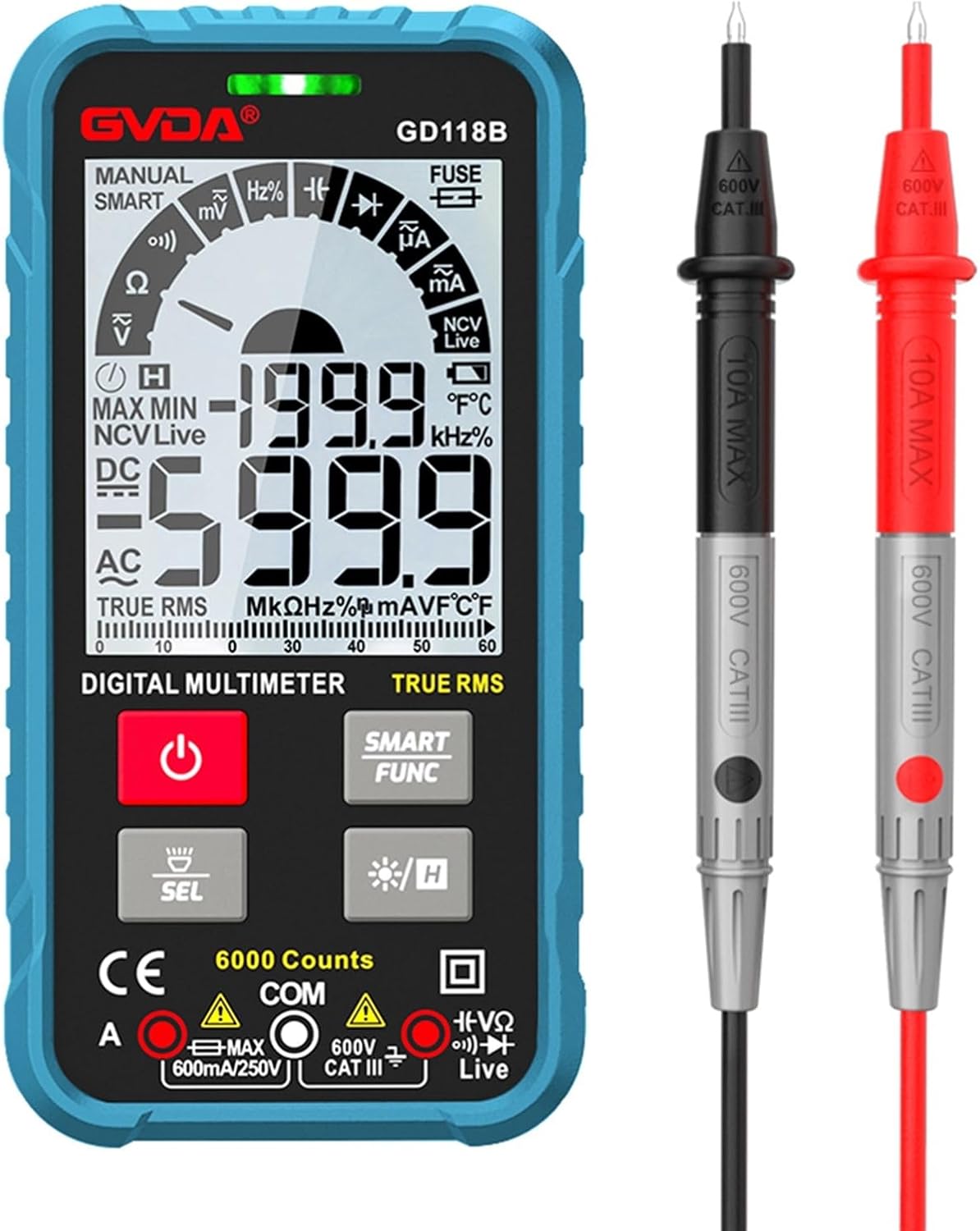 Ture RMS Digital Multimeter 6000 Counts Auto Range NCV Intelligent Multimetro Tester AC DC Voltage Capacitance Ohm Hz Meter(GD118B Black)