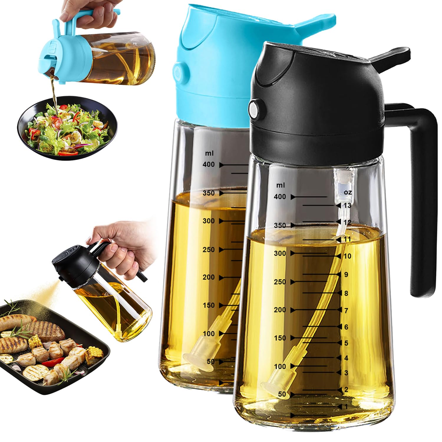 TrendPlain Pulverizador Aceite Spray 470ml - 2 en 1 Spray Aceite Cocina, Dispensadora para Freidora de Aire, Ensaladas, Vinagre y Accesorios Cocina (2 unidad, Negro y Azul Cielo)