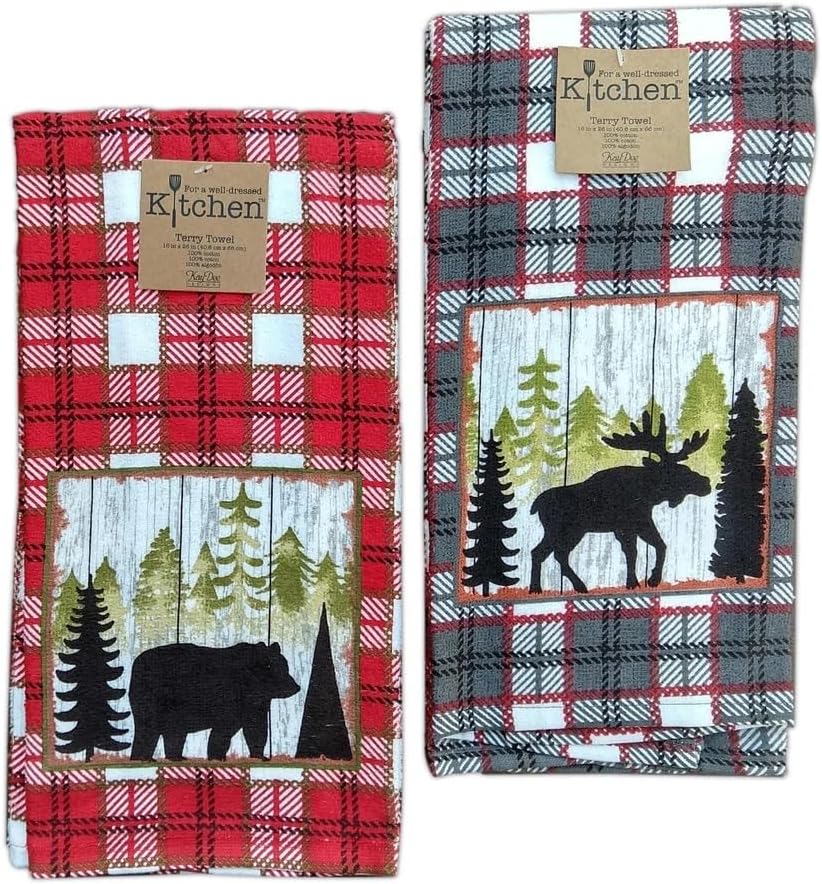 Set of 2 Moose & Bear Plaid Simple Living Lodge Kitchen Terry Towels
