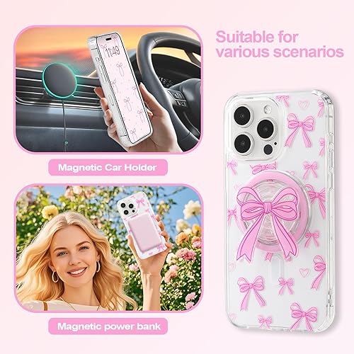 Miniatura 5 de Funda magnética para iPhone 16e, funda magnética 3D rosa con lazo, bonito diseño estético de lazo transparente rosa, funda protectora transparente